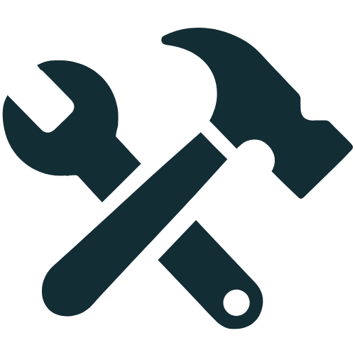 Une icône simple représentant une clé et un marteau croisés l'un sur l'autre, symbolisant les outils, la maintenance, et les services comme pose de carrelage neuf et rénovation.